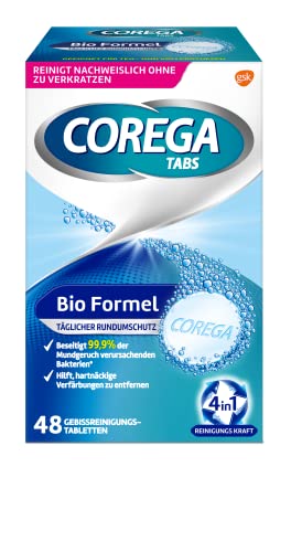 Corega Fórmula de limpieza TABS Bio para dentaduras removibles/terceros dientes, pastillas de limpieza de dentición, 48 unidades Cover