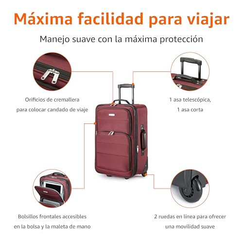 Descripción de características del juego de maletas rojas Amazon Basics, incluyendo orificios de cremallera y ruedas en línea