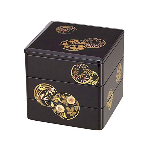 重箱 3段 会津漆器 会津塗 6.5寸 三段本重 雅花丸 黒 内朱 重箱 3段 日本製 国産 会津漆器 6.5 三段本重 雅扇面 黒 内朱