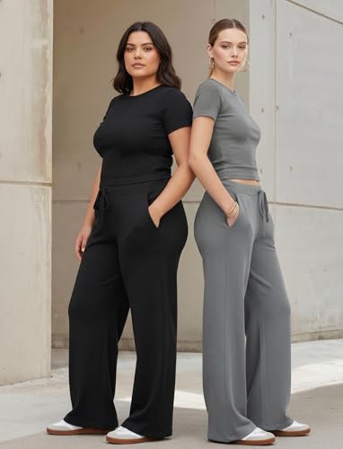 Women's 2 Piece Set Soft Lounge Sets Short Sleeve Slim Tops and High Waisted Wide Leg Pants Outfits with Pockets — view 5