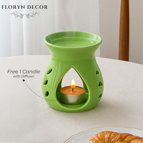 Image of Floryn Decor Ceramic Diffuser with Free 1 Tealight Candles | Home Fragrance, Spa, Office & Yoga | Aromatherapy Gift Set of 1 (Green)