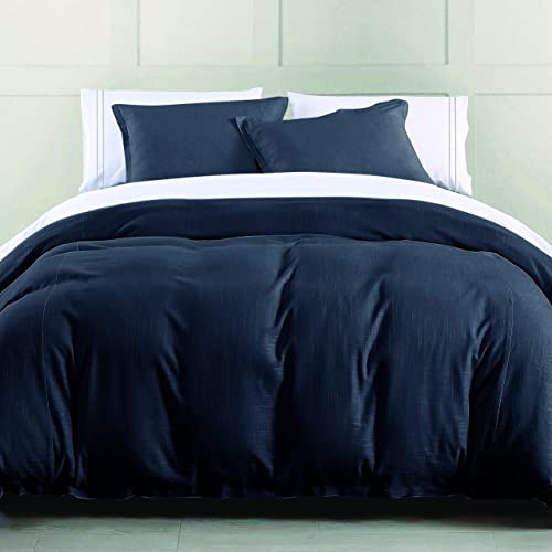 HiEnd Accents Hera Tailored Linen 3 Piece Comforter Set with Pillow Shams, King Navy Solid Color Bedding Set, Romantic Farmhouse Traditional Coastal Style, 1 Comforter and 2 Pillowcases