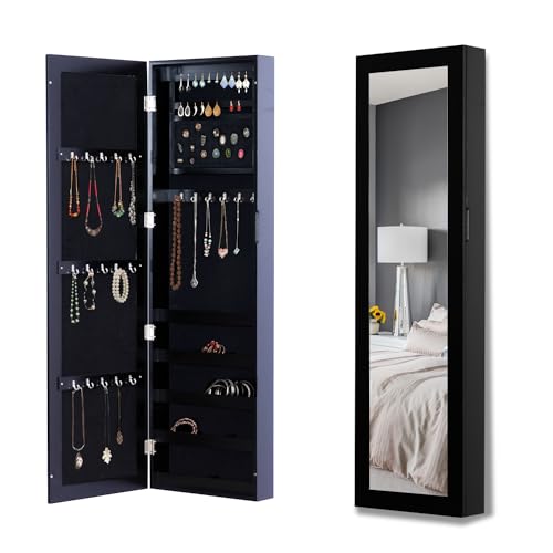 HOMCOM – Armadio Portagioielli da Parete con Specchio in Legno MDF, Nero,37x9.5x121cm