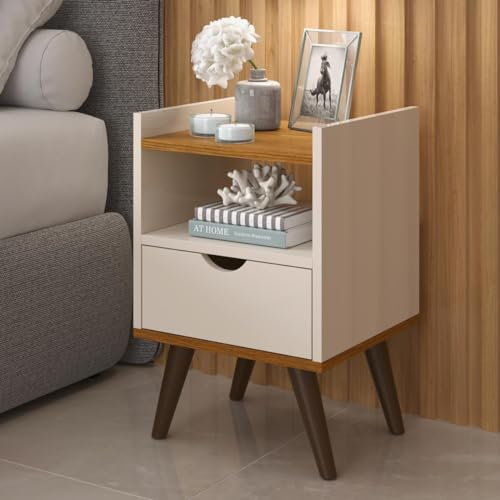 Mesa De Cabeceira Alice Modelo Retrô Com 1 Gaveta e Nicho Off White/Freijó
