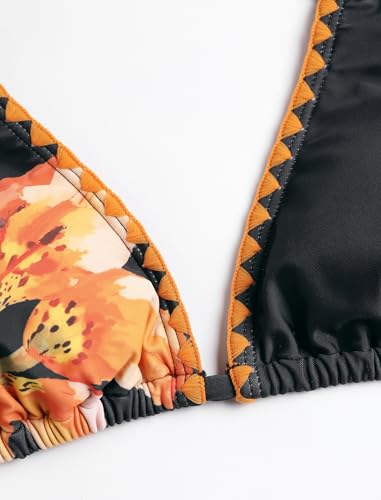 Image of ZAFUL Women Halter Dual Straps Whip Stitch Floral Triangle Bikini Swimsuits