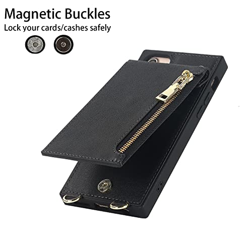 Cavor For Iphone Se Iphone 8 Wallet Case For Women Men,Iphone 7 Case With Strap Stand,Phone Case Iphone Se Case With Card Holder,Leather Shockproof Zipper Protective Cover,Black #TOP6