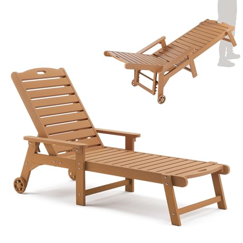 LUE BONA Outdoor Chaise Lounge, HDPS Chaise Lounger, 5 Positions Adjustable Lounge Chairs, Pool Lounge Chair with Wheels for Poolside, Backyard, Teak Color