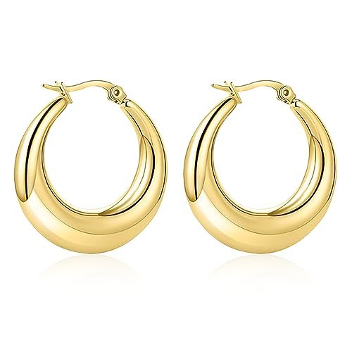 LIAN Chunky Gold Hoop Earrings 18K Real Gold Plated Large Thick Hoops Stainless Steel Lightweight Oval Hoop Earrings for Women Dainty Gold Earrings Jewelry Gifts for Teen Girls(Gold-20mm)