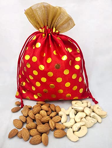 Image of 13CM X 18CM Small Drawstring Bags Pouches Potli for Gift Wedding Jewelry Packaging Bridal Party Favors for Women (25 pc Pack, Red Color Golden Polka Dot)