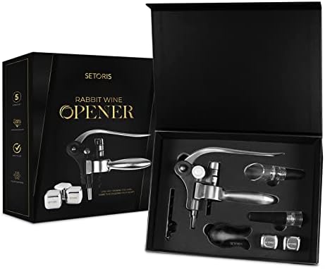 Stainless Steel Rabbit Wine Opener Set With 2 Metallic Ice Cubes, Wine Aerator Pourer, Wine Stopper & Foil Cutter By Setoris- Manual Wine Bottle Opener Corkscrew Kit- Great Wine Accessory Gift Set