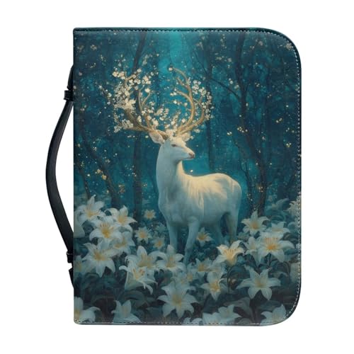 Talayituse Deer Cherry Blossom Lily Print Faux Leather Bible Cover for Men Women Lightweight Christian Bible Case with Handle Waterproof Book Carrying Case Bibles Protector Bibles Tote Bag, XL