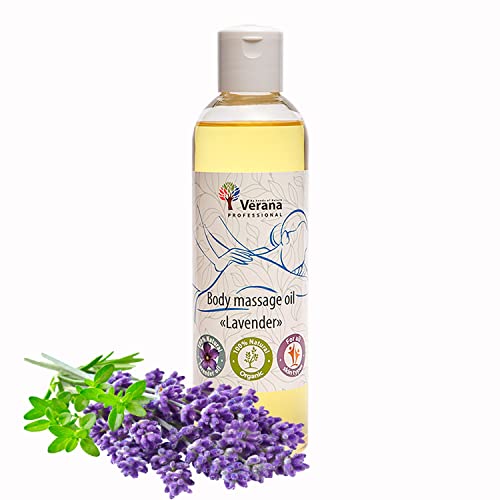 Verana Aceite de masaje corporal Lavanda, cosmética natural para todos los tipos de piel, efecto revitalizante e hidratante, calma el sistema nervioso, aromaterapia de calidad (250ml) Cover