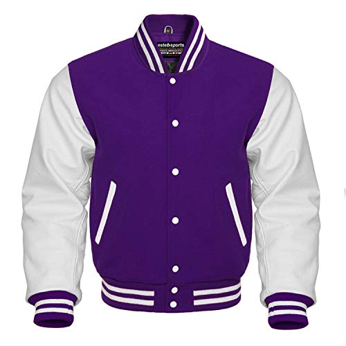 Premium Letterman Baseball School College Bomber Varsity Jacket Wool Blend & Genuine Leather Sleeves (Purple/White, 6XL)
