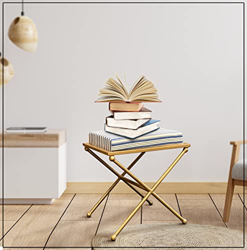 Image of LUSHLIN Blue & Golden Cross Base Multipurpose Cushioned Metallic Stool Ottoman for Sitting, Foot Rest,Vanity seat,Dressing Table(45x35x40) CM, Pack of 1