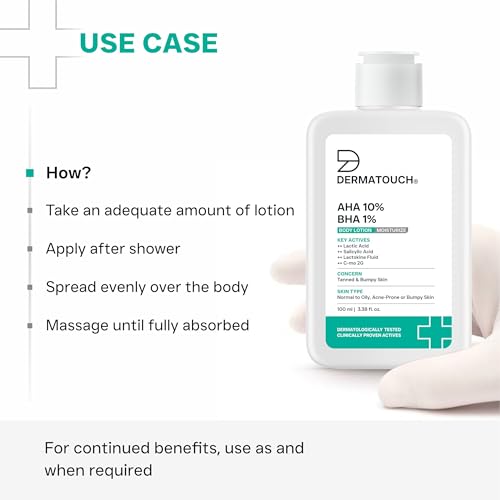 Image of DERMATOUCH AHA 10% BHA 1% Body Lotion For Men and Women | Body lotion For Dry Skin - De-tan, Moisturizing & Bumpy Skin | Suitable For All Skin Types | 100ml (Pack of 2)