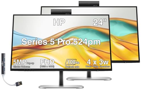 Image of HP Series 5 Pro 524pm 24 inch FHD USB-C Conferencing Monitor, 5MP Webcam 2-Pack | 4x3W Speakers, VESA Mount (100mm), Displayport, HDMI & Dockztorm USB Port Expander, Black /Silver (9E0G9UT#ABA)