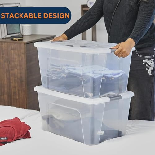 Image of Clear Heavy Duty Bulk Storage Container with Lids Pack of 4, 52 Litre | Stackable Plastic Bins with Handles & Rolling Wheels | BPA-Free, Multi-Purpose for Kitchen, Pantry, Office, or Garage