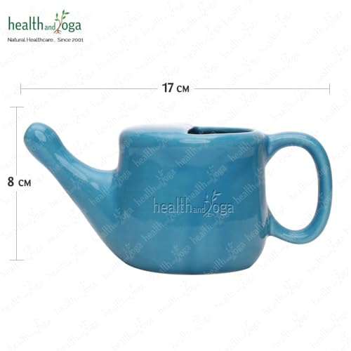 Image of HEALTHANDYOGA FloJar Ceramic Jal Neti Pot (250 ml, Blue)- Saline Nasal Wash Yoga Detox - Clears blocked nose & sinuses- For Common Cold, Headaches, Dust & Pollution- Lead-free, Spill-Proof Design