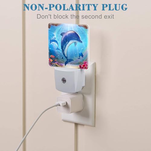 Image of Night Light for Kids Girls Boys, Cute Dolphins in Tropical Sea LED Night Light Plug into Wall with Dusk to Dawn Sensor for Room Decor, Hallway, Kitchen, Bathroom, Nursery, Stairs