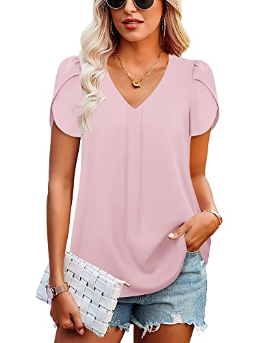 Gaharu Blouses For Women Business Casual Spring Blouses Chiffon V Neck Short Sleeve Work Shirts Pleated Office Top Rose Pink,M #TOP1