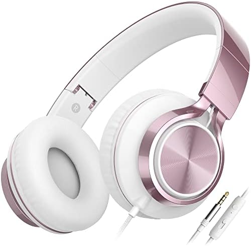 Ailihen C8 Headphones with Microphone and Volume Control Folding Lightweight Headset for Cellphones Tablets Smartphones Laptop Computer PC Mp3/4 (Rose Gold)
