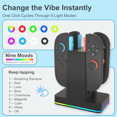 Image of PURBHE Switch 2 JoyCon Charging Dock for Nintendo Switch Controller Charger, Accessories for Nintendo 1 /2 Charging Station with RGB Light - 4 in 1 Charge Switch 2 with 60cm USB- C Power Cord