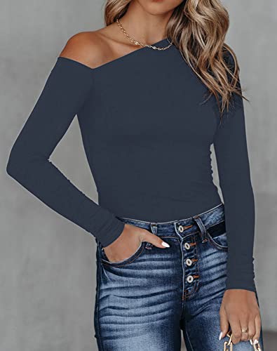 BONITEE Women's Sexy One Off The Shoulder Tops Asymmetrical Neck Clothes Long Sleeve Shirt Slim Going Out Top2