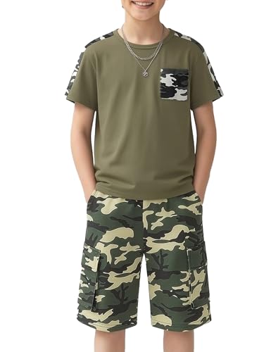 Image of mksodopy Boys Summer Outfit Set 2 Piece T Shirt and Camo Shorts Casual Clothes for Little Big Boys 5-16