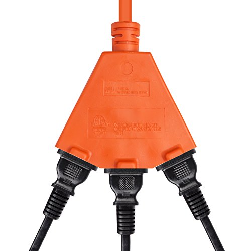 25 Feet Triangular 3 Outlet Heavy Duty Extension Cord Power Splitter 16AWG Indoor Outdoor Use - Orange - ETL Certified - Thumbnail 4