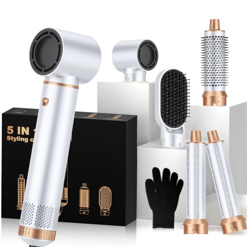 Image of 5 in ONE Hair Dryer Brush, Blow Dryer Curling Wand Hair Styling Tools Set, Ionic Hot Air Brush Round Brush Blow Dryer, Left&Right Styler 100-120V