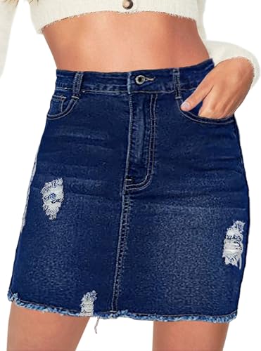 Image of Necooer Women's Mini Pencil Denim Skirt Washed Frayed Stretchy Mid Waisted Fashion Ripped Short Bodycon Jean Skirts for Women(Dark Blue,S)