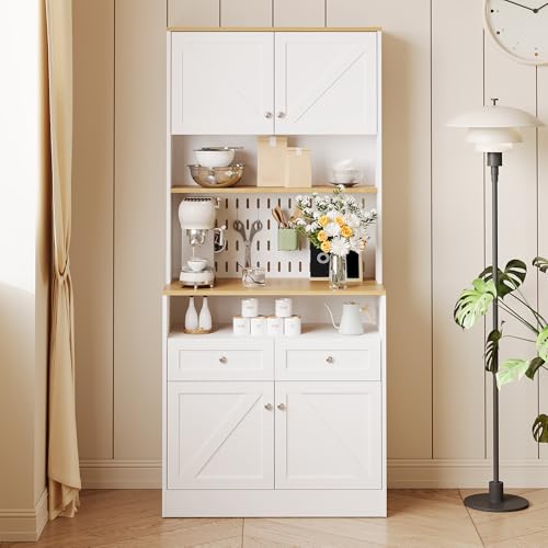 Kebnor Elegante aparador de comedor blanco con 2 cajones y 4 puertas, elegante buffet para cocina, comedor y sala de estar con asas plateadas y amplio espacio de almacenamiento