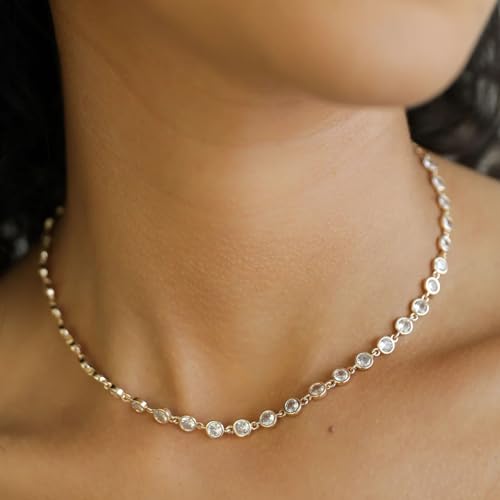 AVELI Lab Created Diamond Station Tennis Necklace in Large Size 5mm Bezel Set Round Brilliant Cut Stones - Hypoallergenic Elegant Diamond-Like Necklace Chain Jewelry for Women2