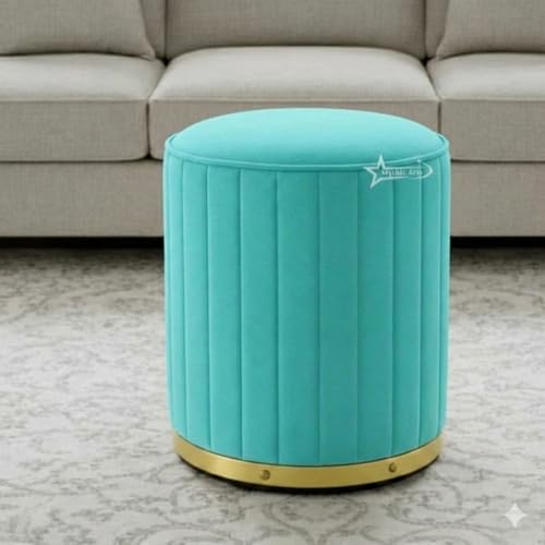 Image of Upholstered Round Linen Strip Stool Living Room Foot Rest Office Stool Pouf Ottoman Padded Seat - Aqua