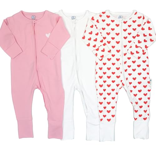 AdoraCub 3-Pack Baby Zip Sleepsuits, Organic Cotton | White, Pink with Love Heart & White covered in gorgeous red hearts | Soft, Comfortable, Breathable | Newborn size to 2 yrs | Wrapped in gift box