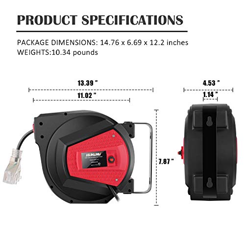 Retractable Extension Cord Reel, 50 FT + 4.5FT Heavy Duty Extension Cord Reels, 14AWG/3C SJTOW, 3 Grounded Outlets, Triple Tap with LED Lighted Connector, 13A Circuit Breaker and Adjustable Stopper