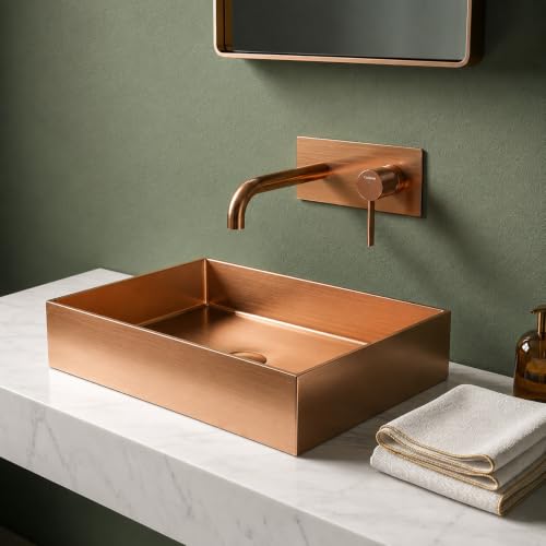 Image of Rose Oro Collection 55x38 cm SS 304 Brushed Stainless Steel Counter Top Wash Basin for Bathroom | Luxury Finish Kitchen & Bathroom Sink | Get 2 Years Warrenty