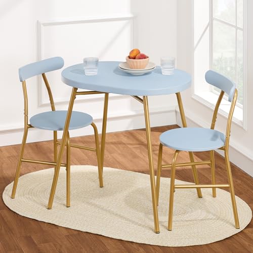 Best Choice Products 3-Piece Modern Oval Dining Table Set, Small Kitchen Dinette w/ 2 Chairs, Metal Frame, Curved Backrests - Light Blue/Gold