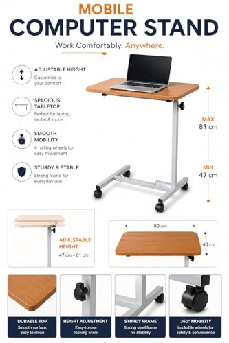 Image of Hight Adjustable Multi Purpose Trolley Table for Home and Hospital, Laptop, Weight Around 6.5 kg,