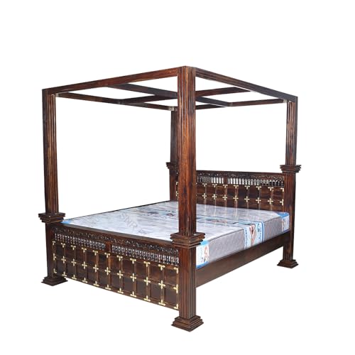 Image of Sheesham Wood Queen Size Pillar Poster Bed ‎Without Storage for Bedroom Living Room Solid Roosewood Wooden Cot Furniture Palang for Home (Walnut Finish)