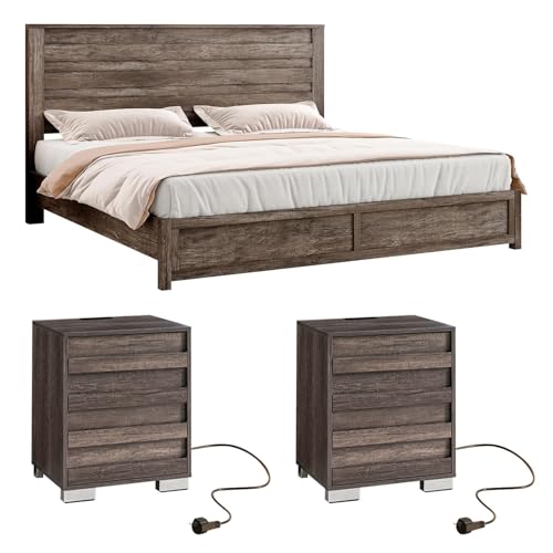 LUXOAK 3 Pcs Bedroom Furniture Sets,Includes Farmhouse King Size Bed
