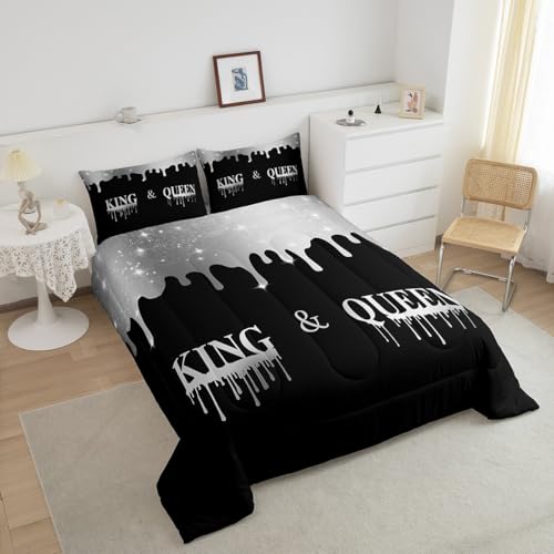 Image of Feelyou Silver Black Mr Mrs Bedding Set Queen King Queen for Couple Man Woman Comforter His and Hers Comforter Set Romantic Duvet Set with 2 Pillow Case