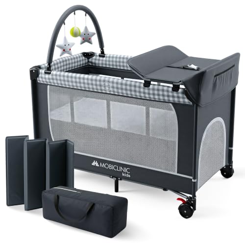 Mobiclinic®, Cuna de Viaje 3 en 1, Parque Infantil, Cambiador Bebe, Plegable, Entrada Lateral, Bolsa Transporte, MAX. 15 kg, Ruedas con Freno, Caelum, Tela Transpirable, Bolsillo almacenaje