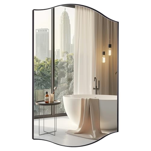 Image of ANDY STAR Black Bathroom Mirror, 20 inchx30 inch Scalloped Wall Mirror in Stainless Steel Metal Frame, Unique Vanity Mirror with Modern Curved Edge Design, Ideal for Bathroom, Bedroom, Entryway