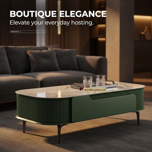 Image of WOODEN SPACE Premium Solo Marble-Top Wooden Center Table for Living Room | Iron Legs | PVD Coating | Modern Entryway Furniture | Coffee Table - 42X24X18 in (Dark Green)