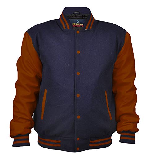 Image of Deckra Men's Varsity Jacket Genuine Leather Sleeve and Wool Blend Letterman Boys College Varsity Jackets XS-5XL