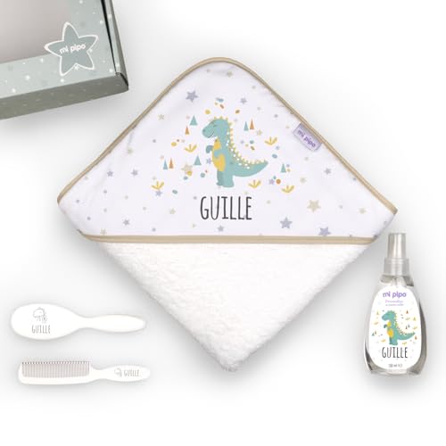 Mi Pipo - Set Regalo Bebe Personalizado Al Agua - Dinosaurio | Capa de Baño Bebe Personalizada 100x100 cm, Algodón 100% + Agua de Colonia 150 ml y Cepillo con Peine | Ideal Baby Showers y Nacimientos