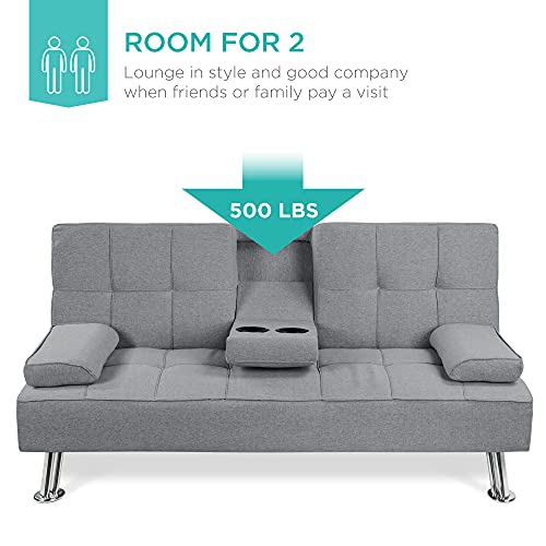 Best Choice Products Linen Upholstered Modern Convertible Folding Futon Sofa Bed For Compact Living Space, Apartment, Dorm, Bonus Room W/Removable Armrests, Metal Legs, 2 Cupholders - Gray #TOP2
