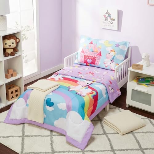 Image of EVERYDAY KIDS 4 Piece Toddler Bedding Set - Unicorn Dreams - Includes Comforter, Flat Sheet, Fitted Sheet and Reversible Pillowcase
