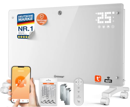 KESSER® Glaskonvektor Glasheizung Elektroheizkörper APP WiFi Funktion Inkl. Fernbedienung Elektroheizung Stand- oder Wand Heizung Heizkörper | Touchscreen | LCD-Display | Timer | 2500 Watt | Weiß